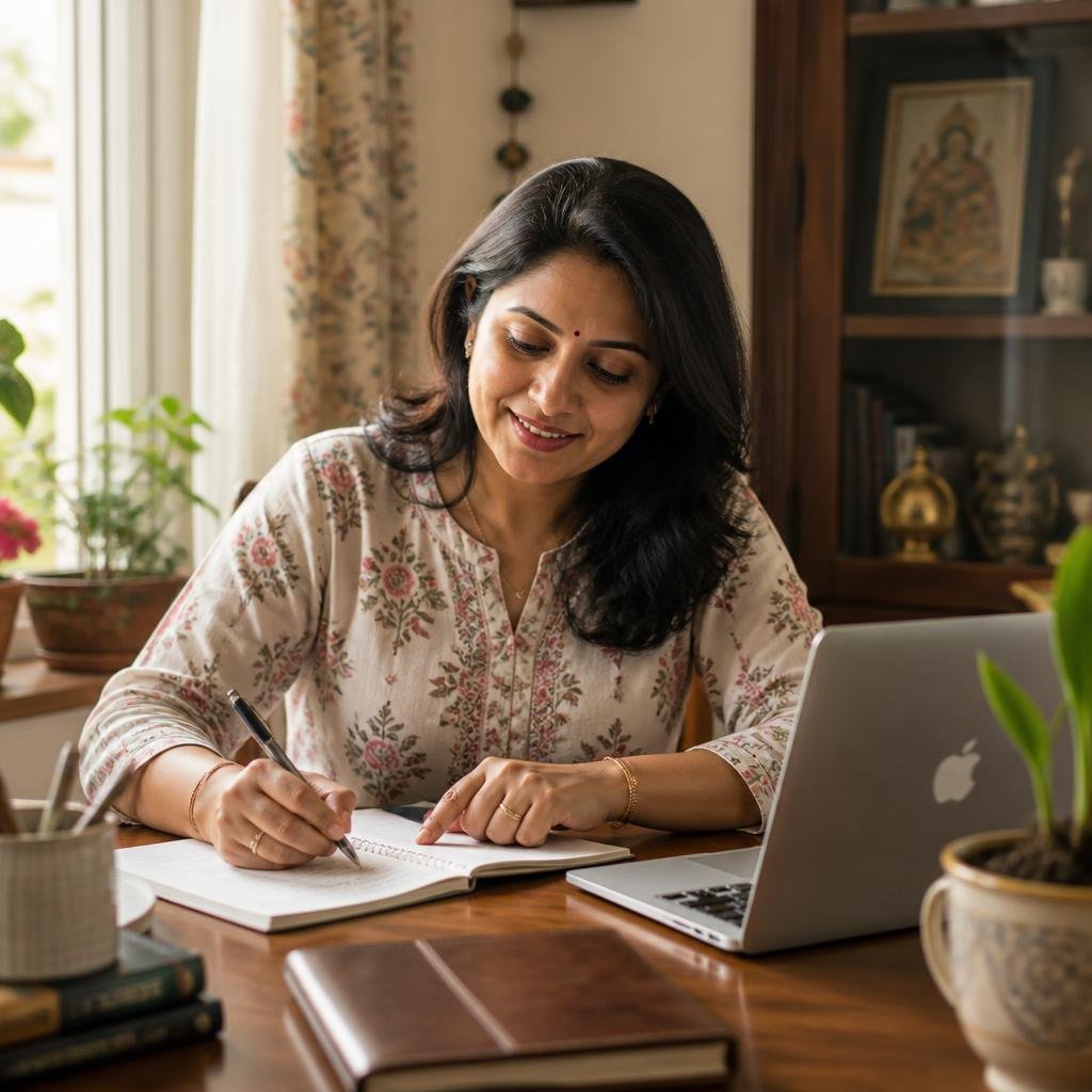 Woman handwriting books from home